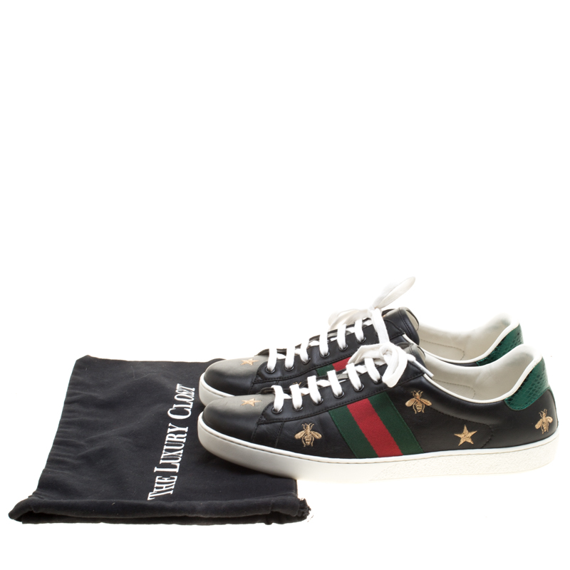 skak udsende Overskæg Gucci Black Leather Ace Bees and Stars Embroidered Low Top Sneakers Size  45.5 Gucci | TLC