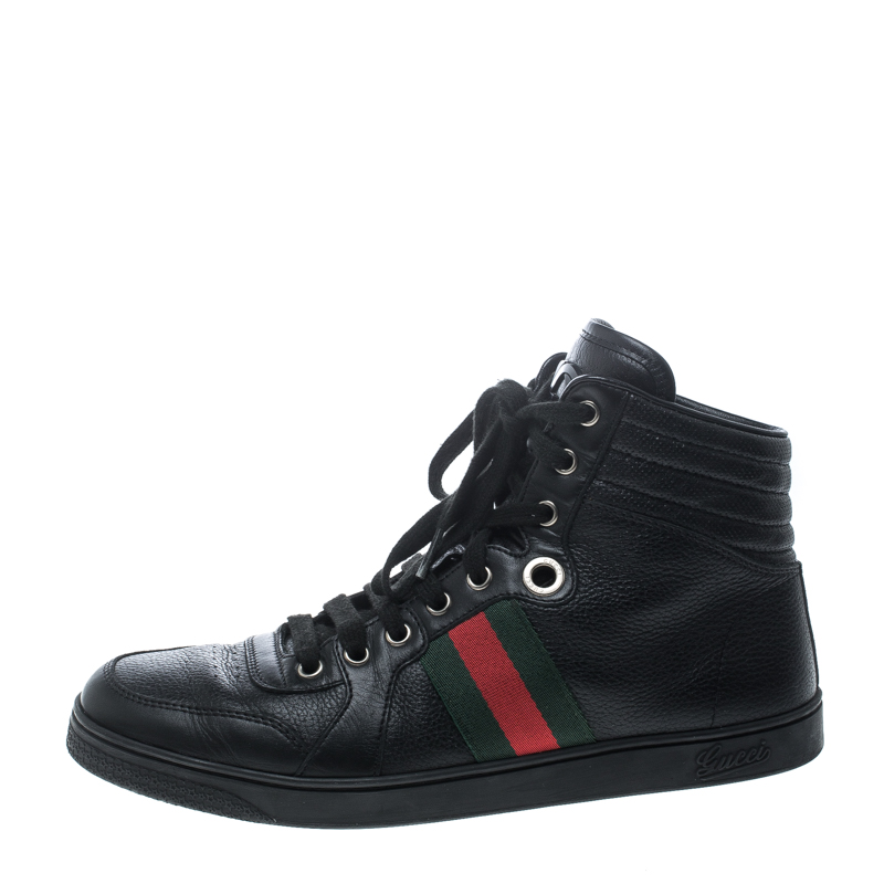 

Gucci Black Leather Web Detail High Top Sneakers Size