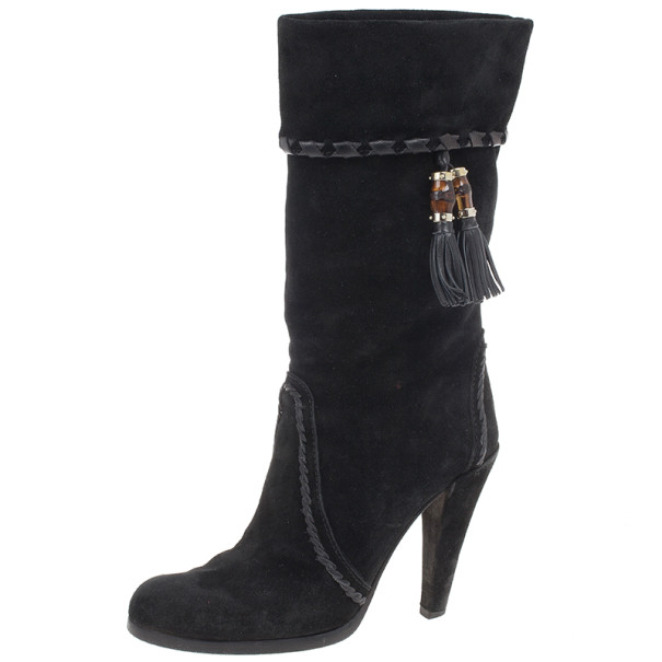 مملوكة مسبقًا Gucci Black Suede Bamboo Tassel Knee Boots Size 37.5