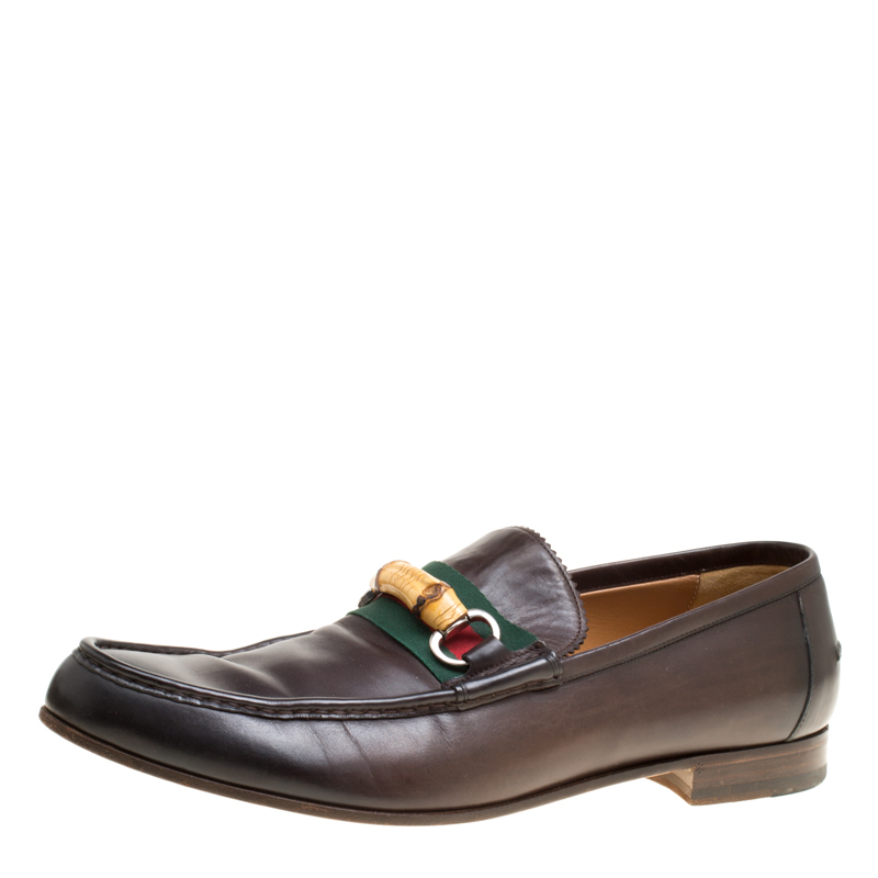 Gucci Dark Brown Leather Bamboo Web Loafers Size 45.5