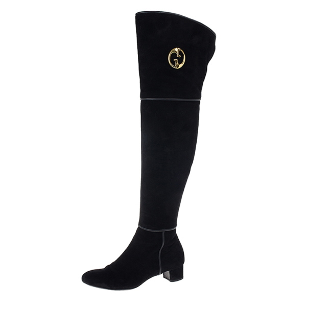 Gucci Black Suede GG Over The Knee Boots Size 37