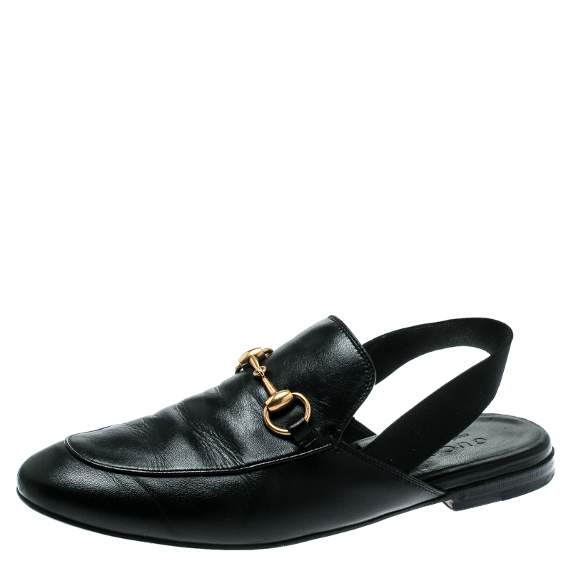 Gucci Black Leather Princetown Horsebit Detail Slide Loafers Size 40