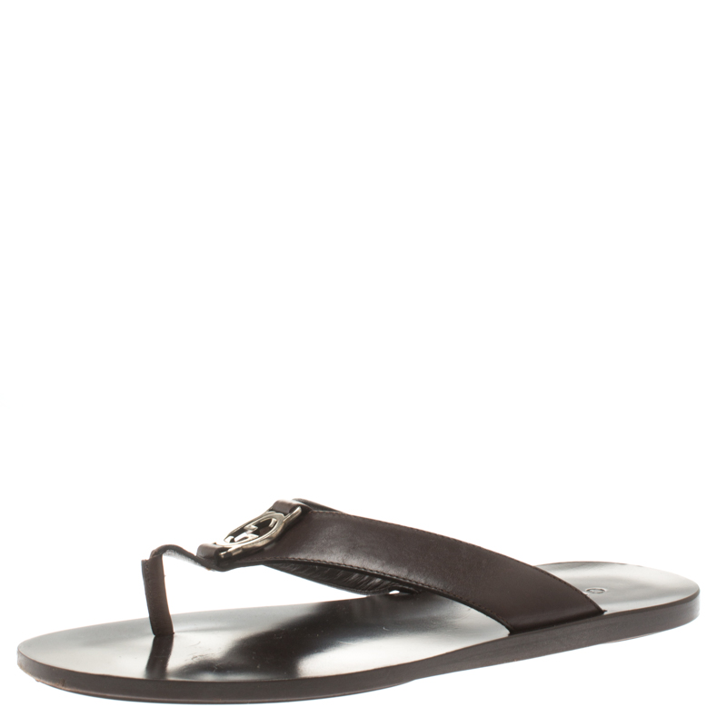 Pre Owned Gucci Brown Leather GG Thong Slipper Sandals Size 40