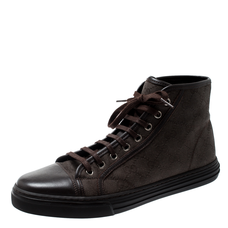 مملوكة مسبقًا حذاء رياضي غوتشي كانفاس GG وجلد بني برباط وعنق مرتفع مقاس 41.5