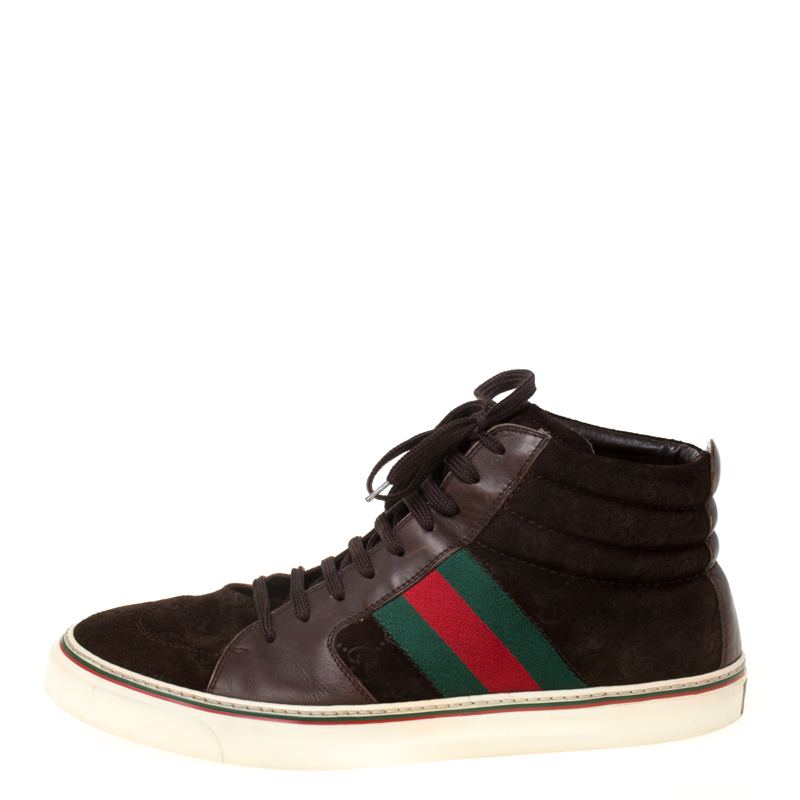 

Gucci Brown GG Suede And Leather Web Detail High Top Sneakers Size