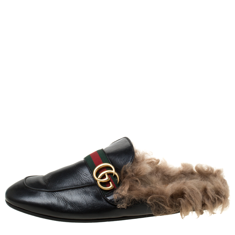 

Gucci Black Double G Leather and Fur Princetown Slides Size