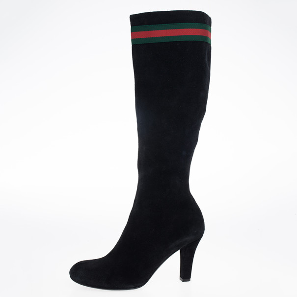 Gucci Black Suede Web Detail Knee Length Boots Size 39.5