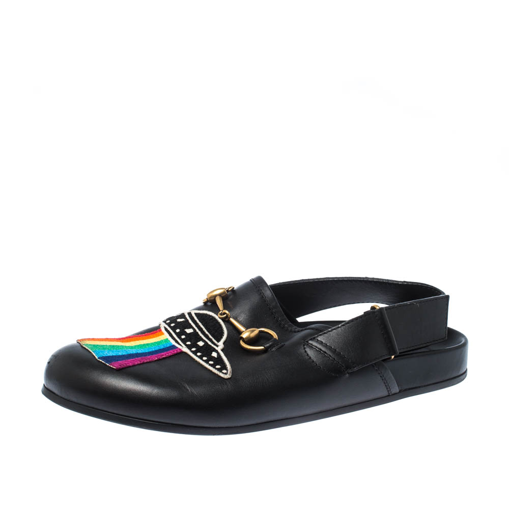 Gucci Black Appliques Leather Horsebit River Slingback Slippers Size 42
