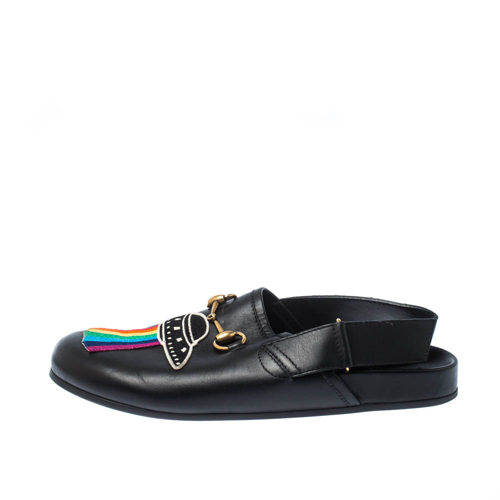 

Gucci Black Appliques Leather Horsebit River Slingback Slippers Size