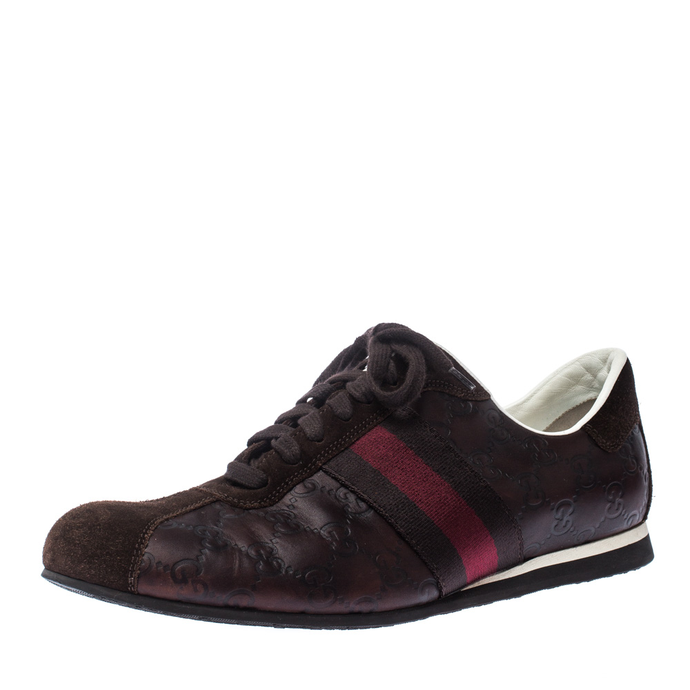 Gucci Brown GG Leather And Suede Web Low Top Sneakers Size 42.5