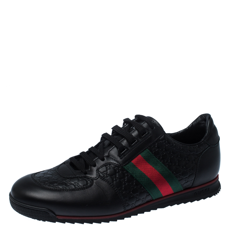 Gucci Black Microguccissima Leather Web Low Top Sneakers Size 43.5