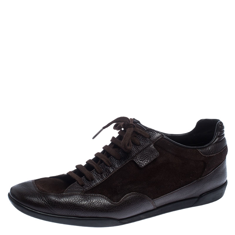 Pre Owned حذاء رياضي غوتشي بحافة منخفضة سويدي وجلد برباط بني داكن مقاس 44