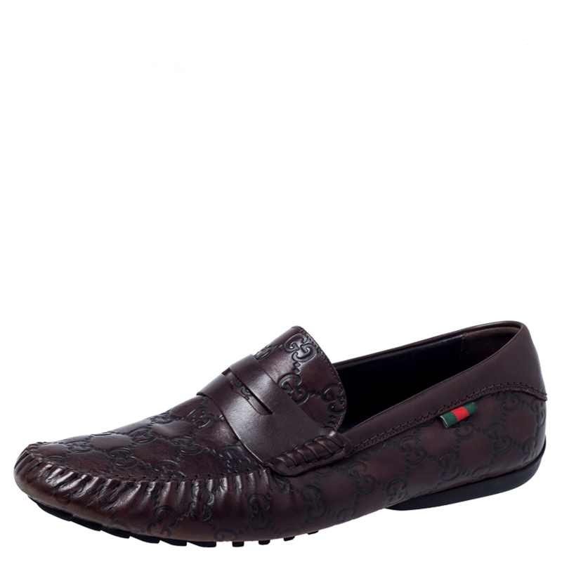 Pre Owned Gucci Dark Brown Guccissima Leather GG Loafers Size 41.5