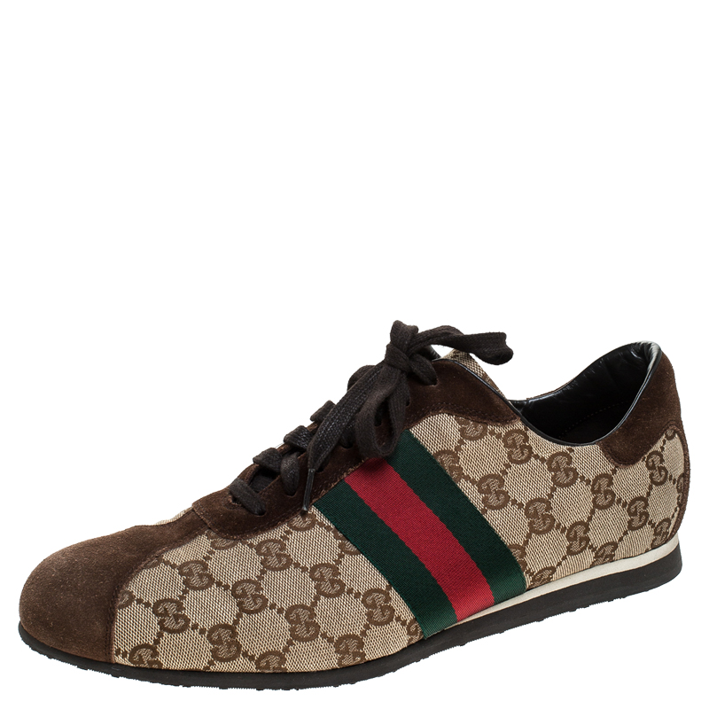 Pre Owned Gucci Beige Canvas and Suede Guccisima Web Detail Sneakers Size 43.5