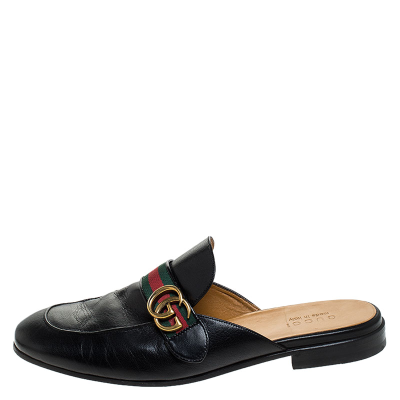 

Gucci Black Leather Princetown Web Double G Flat Mules Size