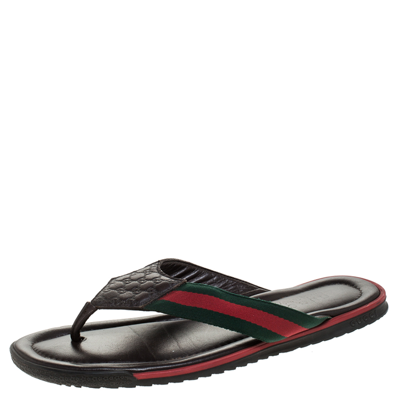 Pre Owned Gucci Brown GG Leather Web Detail Thong Flats Size 42.5