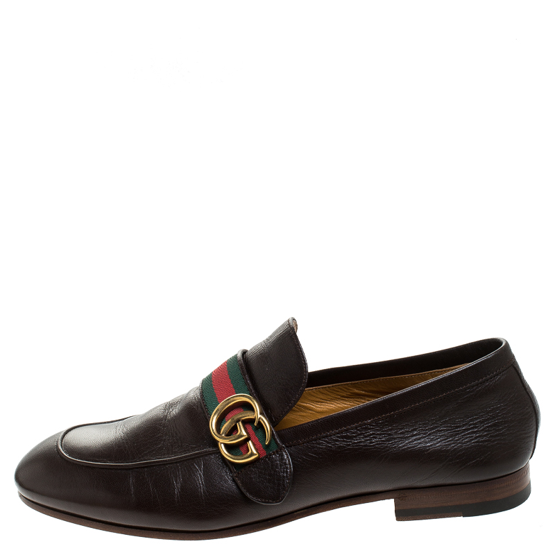 

Gucci Brown Leather GG Marmont Web Slip On Loafers Size