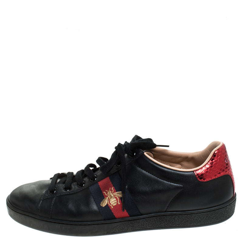 

Gucci Black Leather Ace Web Bee Low Top Lace Up Sneakers Size