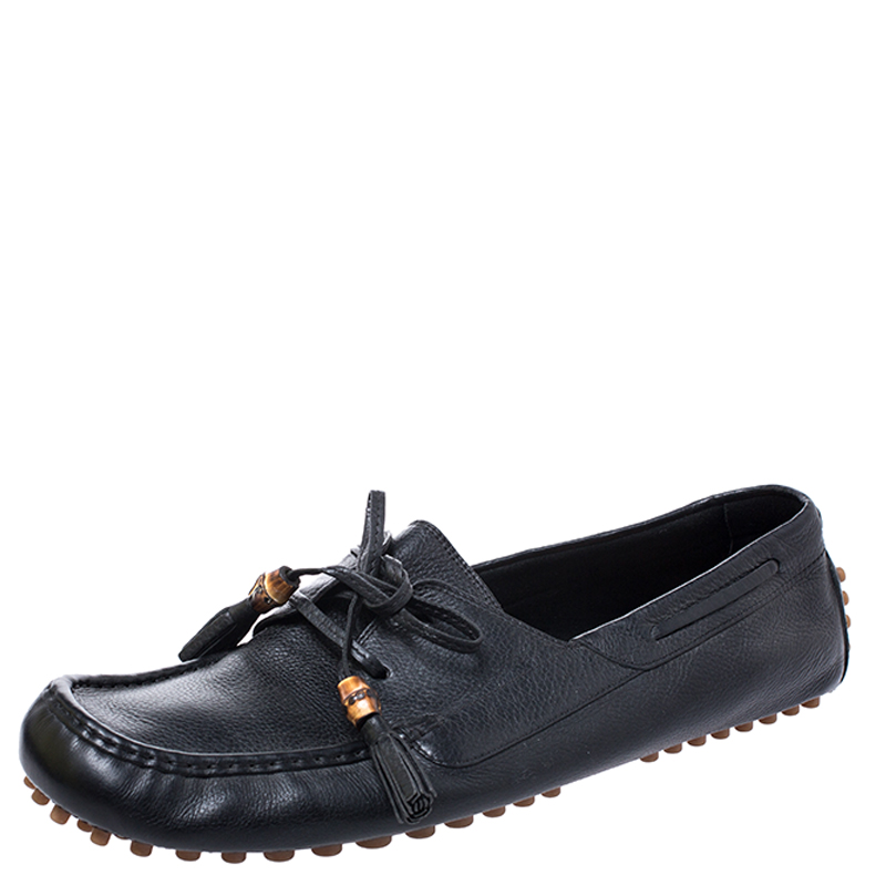 Pre Owned Gucci Brown Leather Bamboo Tassel Lace Damo Loafers Size 46