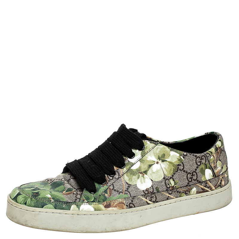 Gucci Green/Beige Bloom Print GG Supreme Canvas Lace Up Low Top  Sneaker Size 43