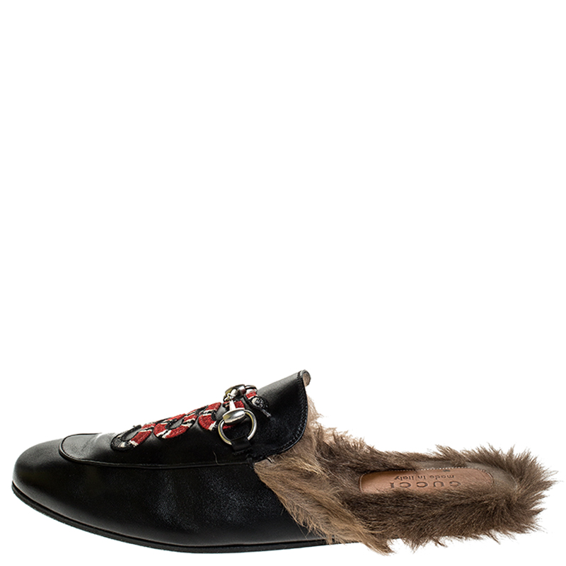 Gucci Black Snake Embroidered Leather and Fur Lined Princetown Mules Size