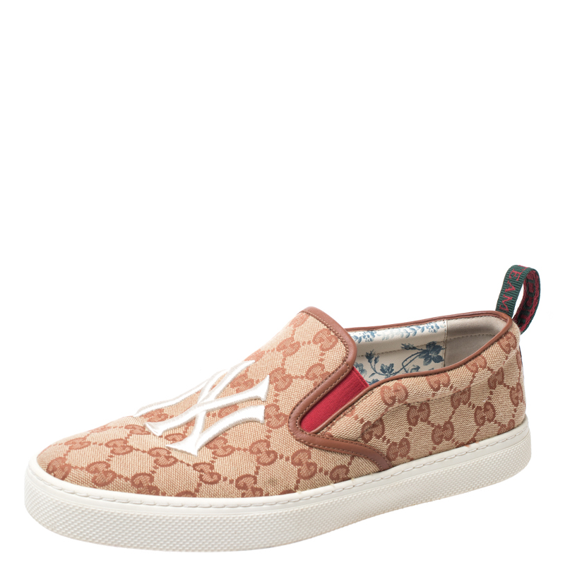 Gucci Beige/Brown GG Canvas MLB Ny Yankees Slip On Sneakers Size 43