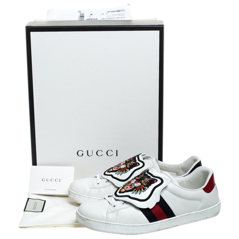 White Leather, Python Trim And Web Patch Ace Low Top Sneakers Size 43 Gucci | TLC