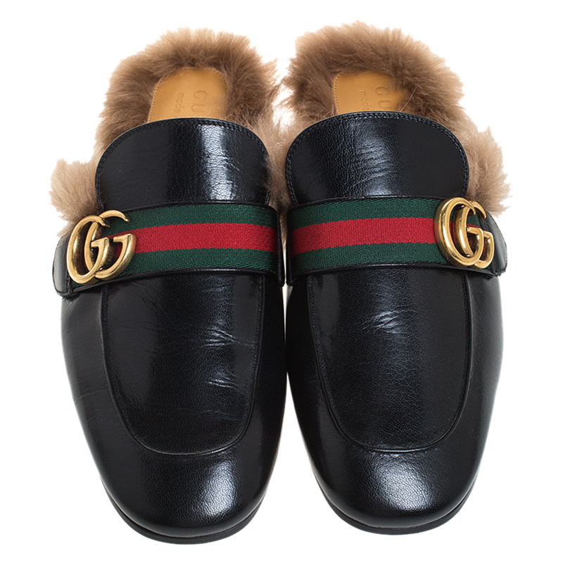 Gucci Black Leather And Fur Princetown Web GG Marmont Loafer Slides ...