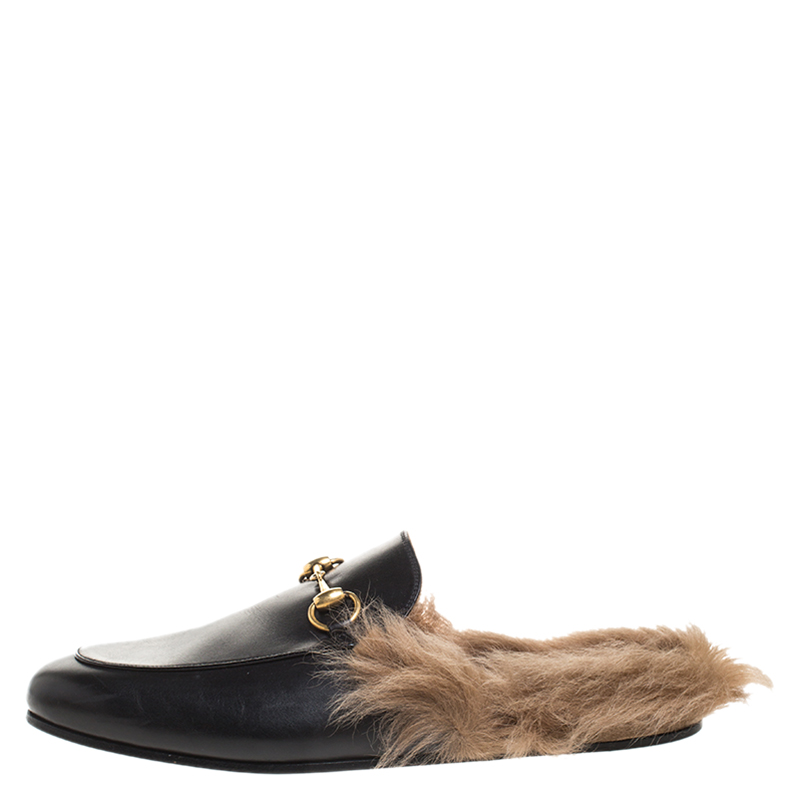 

Gucci Black Leather And Fur Princetown Horsebit Loafer Slides Size