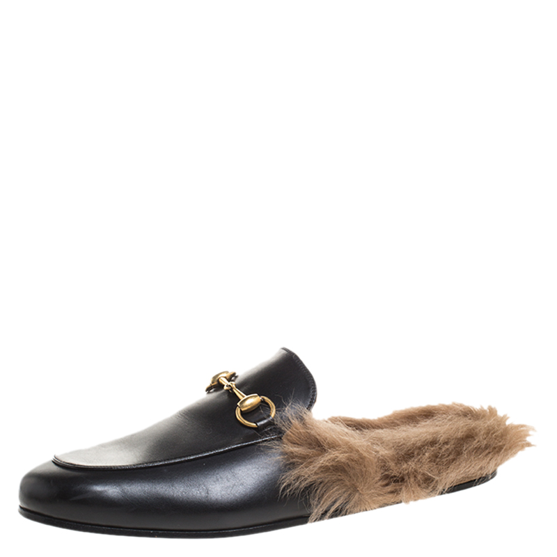 Gucci Black Leather And Fur Princetown Horsebit Loafer Slides Size 42