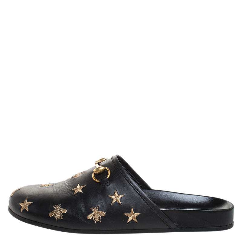 

Gucci Black Star And Bee Embroidered Leather River Princetown Slippers Size