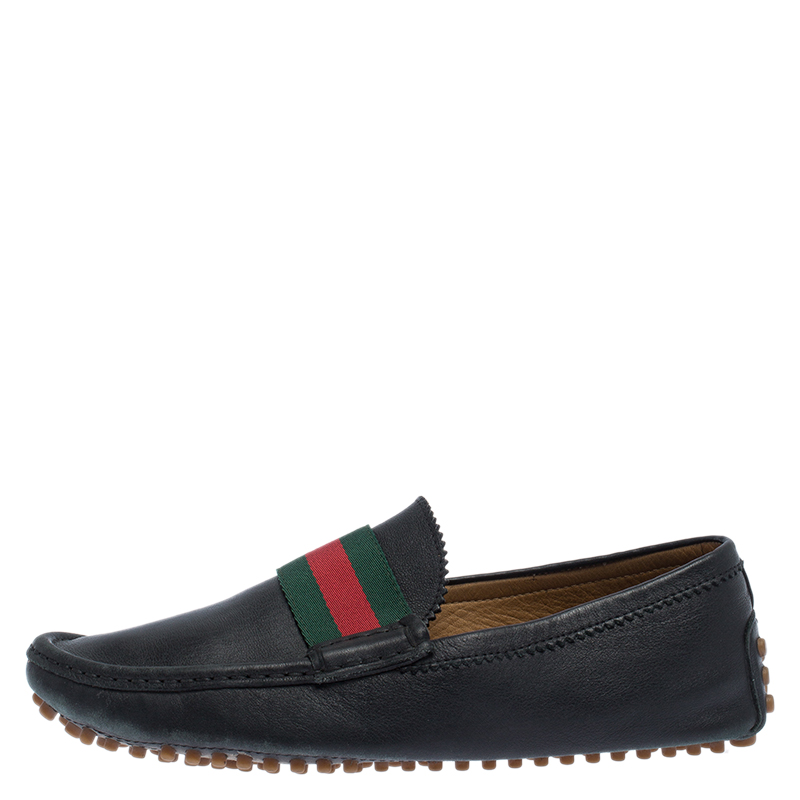 

Gucci Black Leather Web Detail Loafers Size