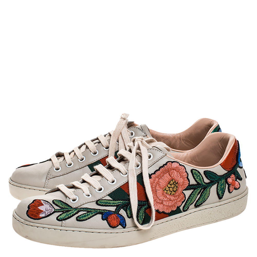 Gucci Cream Floral Embroidered Leather Ace Low Top Sneakers Size 41 Gucci |  TLC