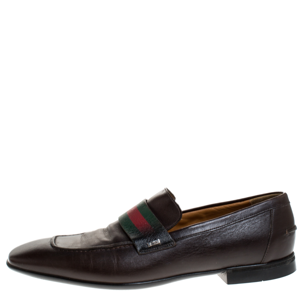 

Gucci Brown Leather Web Detail Square Toe Loafers Size