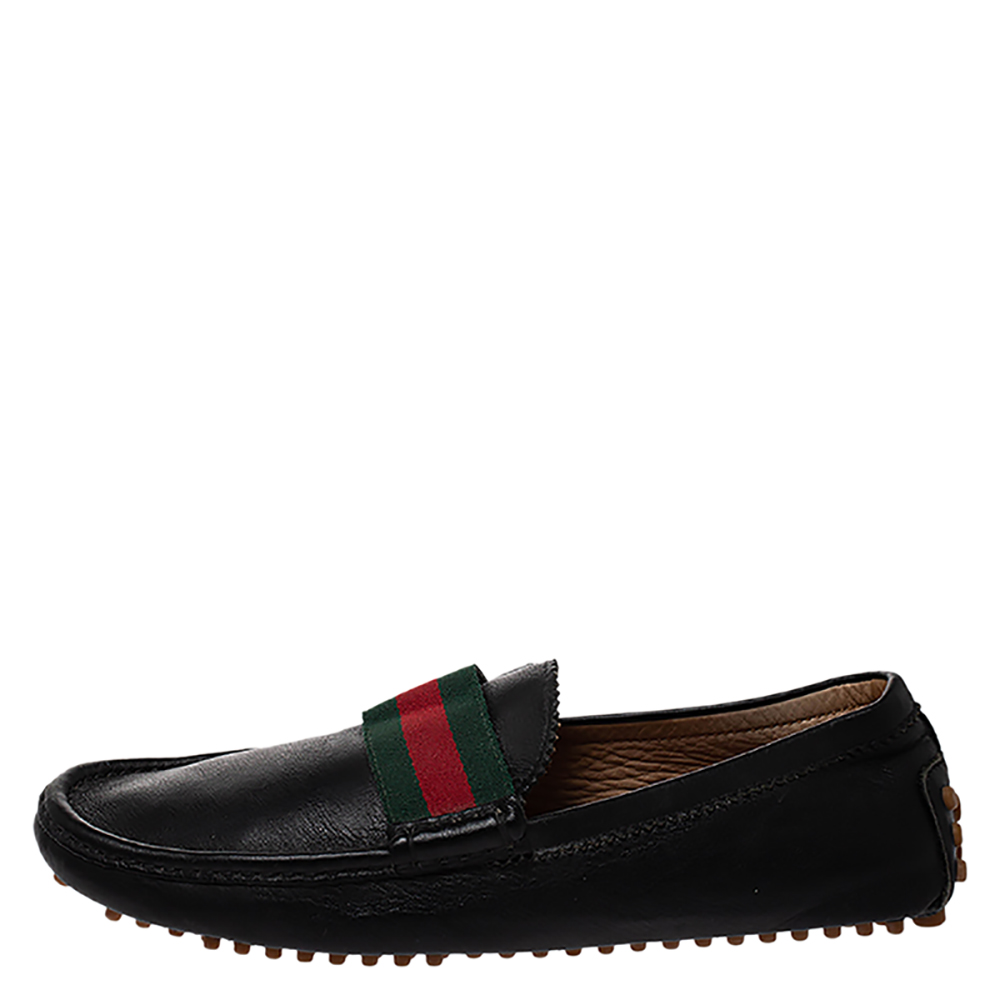 

Gucci Black Leather Web Detail Loafers Size