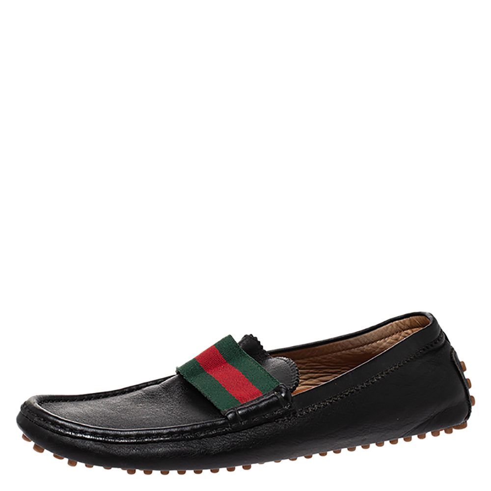 Pre Owned Gucci Black Leather Web Detail Loafers Size 42