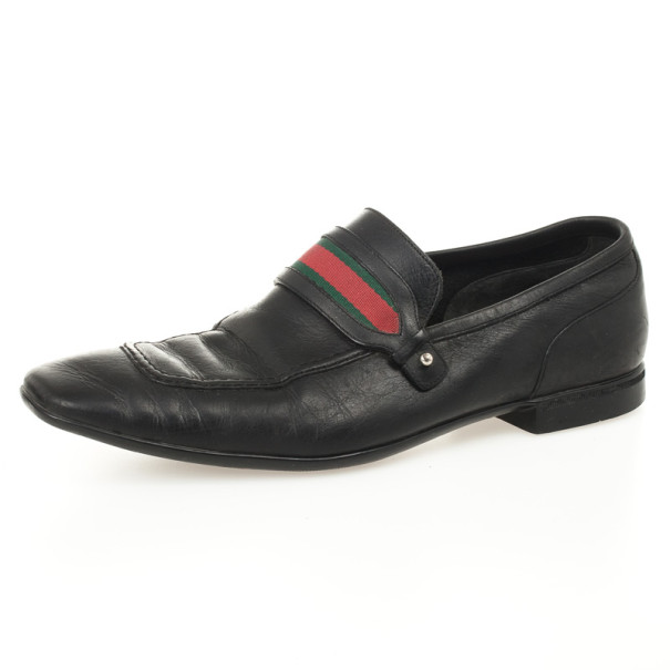 Pre Owned Gucci Black Leather Web Detail Drivers Size 42
