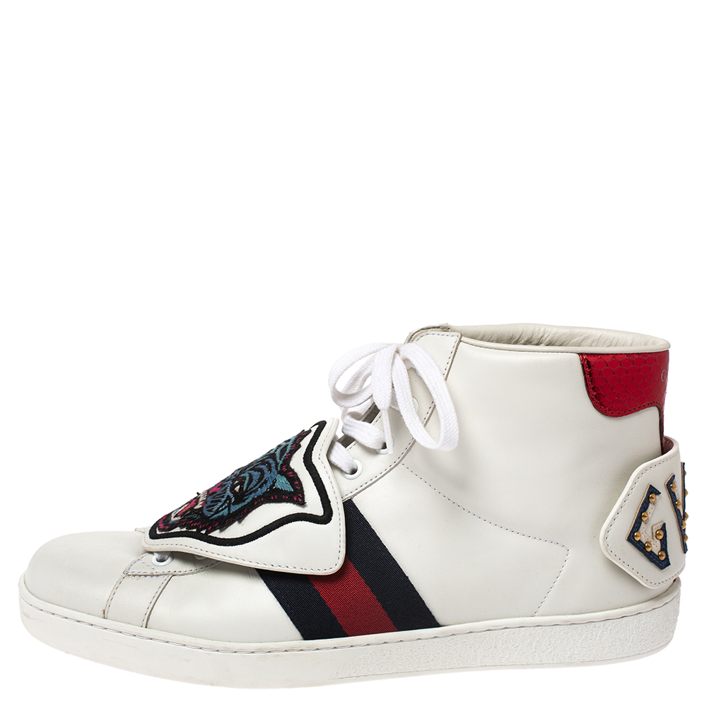 

Gucci White Leather, Python Trim And Web Detail Lion Patch Ace High Top Sneakers Size