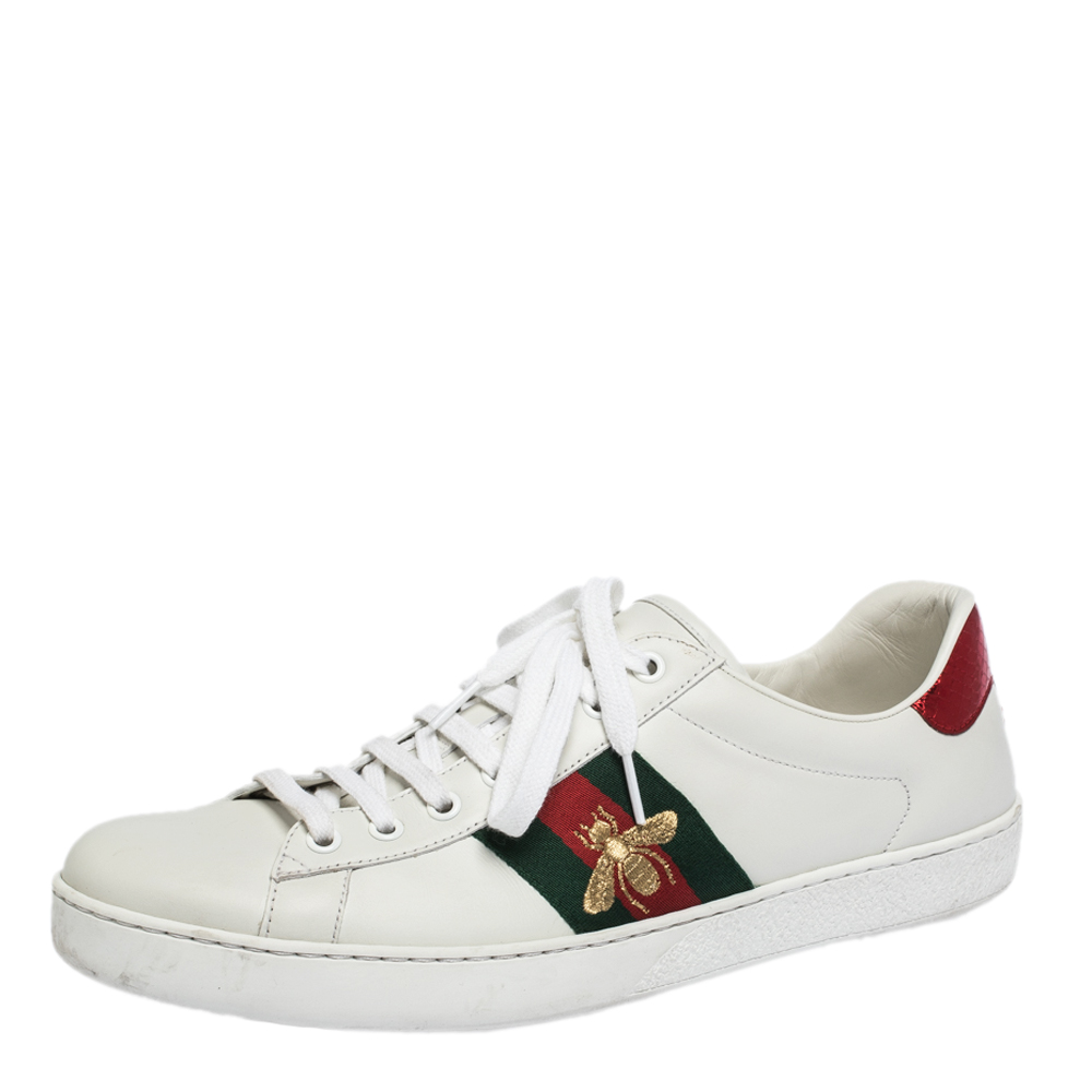 Pre Owned Gucci White Leather Ace Web Bee Low Top Sneakers Size 44