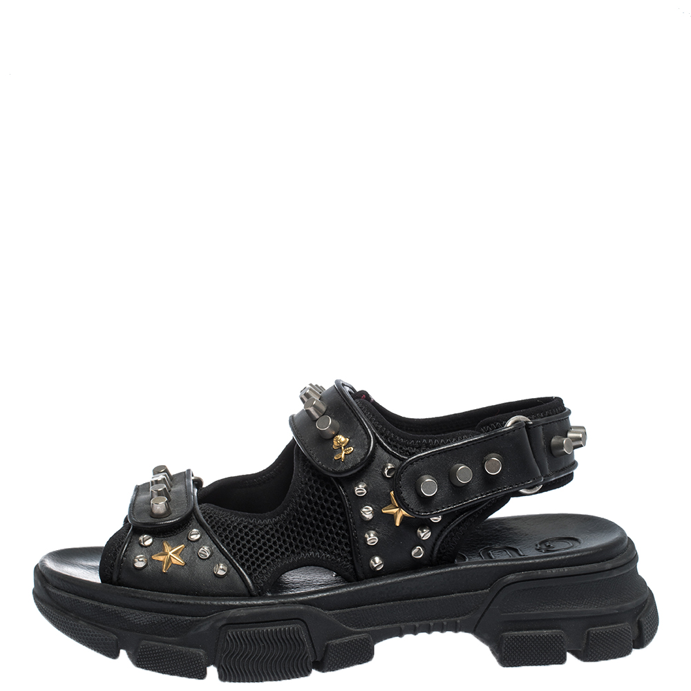 

Gucci Black Leather And Mesh Aguru Studded Platform Sandals Size