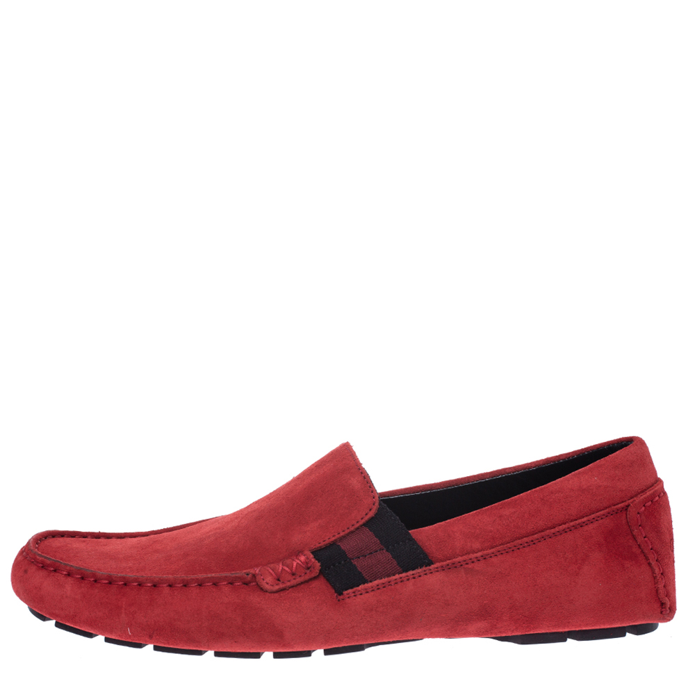 

Gucci Red Suede Web Detail New Praga Slip On Loafers Size