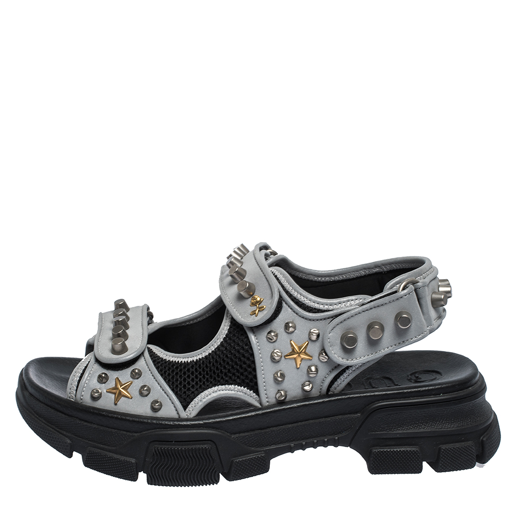 

Gucci Grey/Black Leather and Mesh Aguru Studded Sandals Size