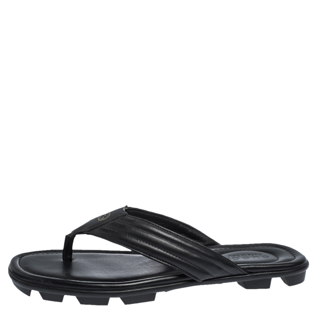 

Gucci Black Leather GG Logo Thong Flat Sandals Size