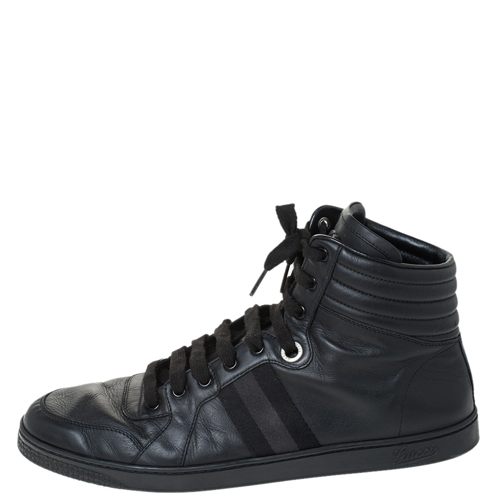 

Gucci Black Leather Viaggio Web Detail High Top Sneakers Size