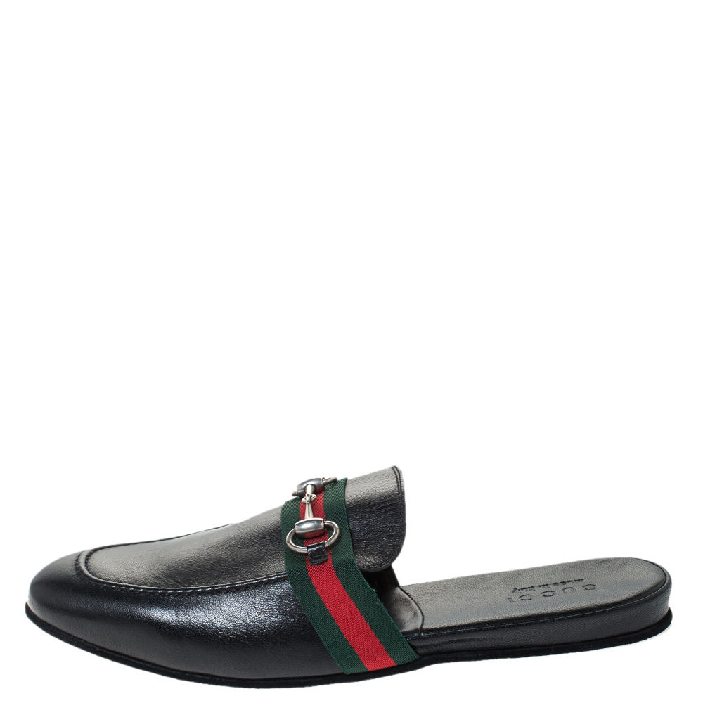 

Gucci Black Leather Horsebit Web Flat Slide Size