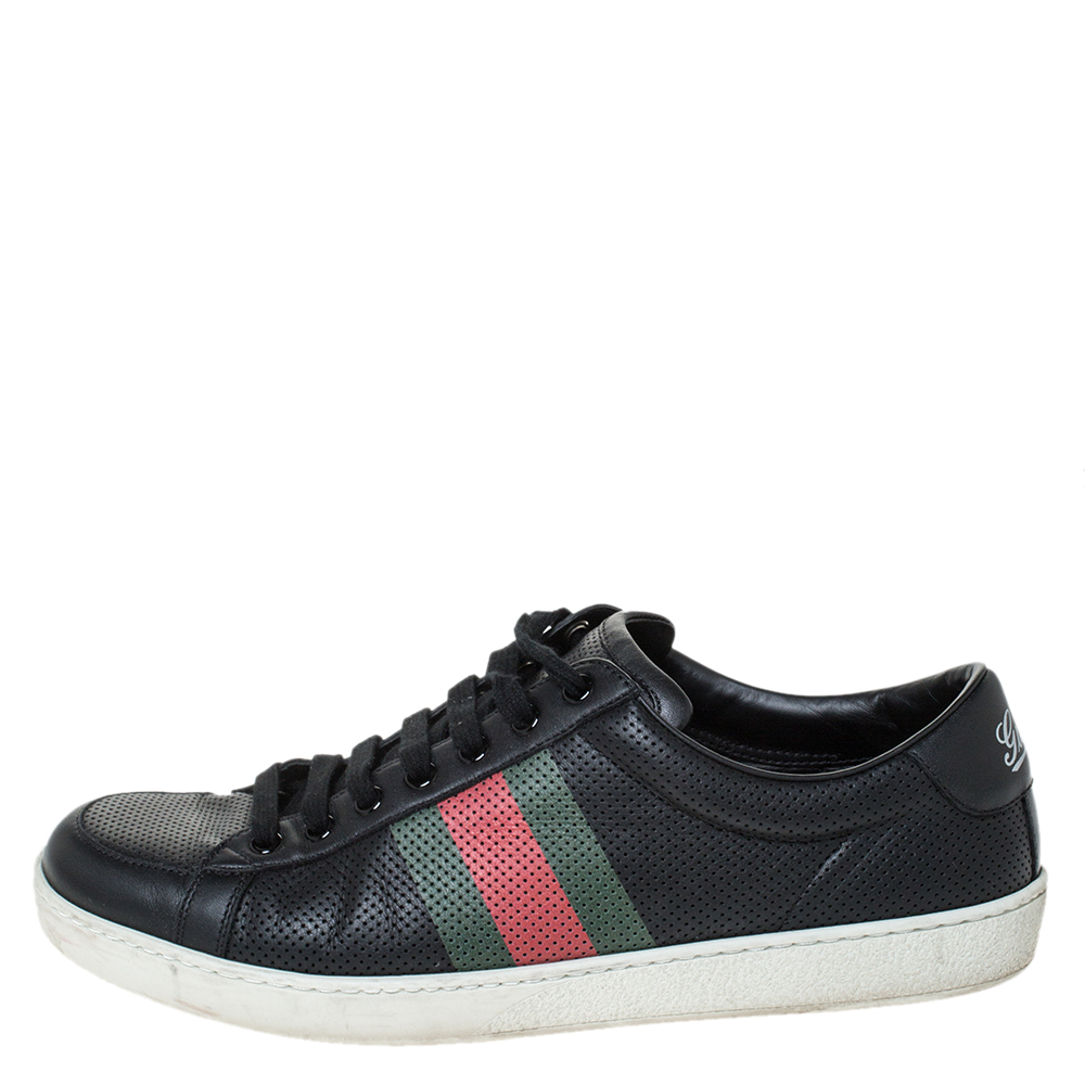 

Gucci Black Perforated Leather Web Detail Low Top Sneakers Size