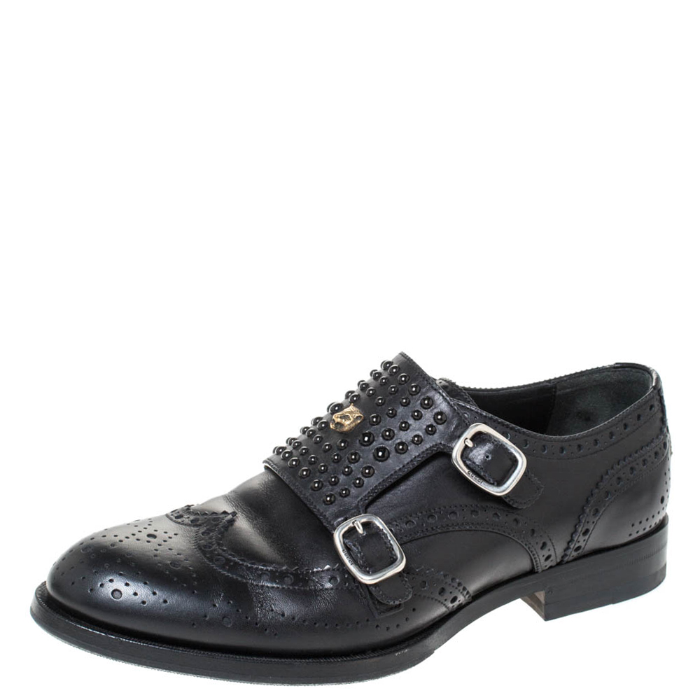 Gucci Black Brogue Leather Queercore Studded Brogue Derby Monk Size 40.5