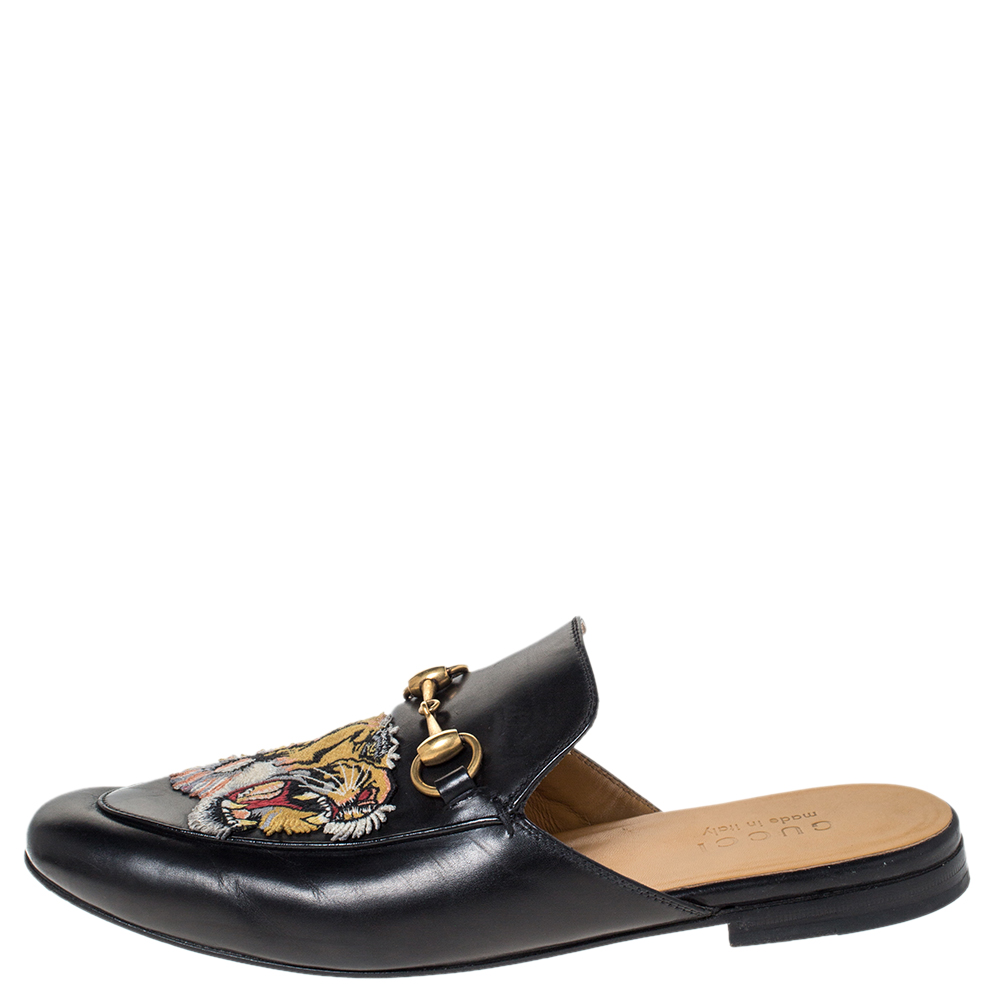 

Gucci Black Tiger Embroidered Leather Princetown Horsebit Mules Size