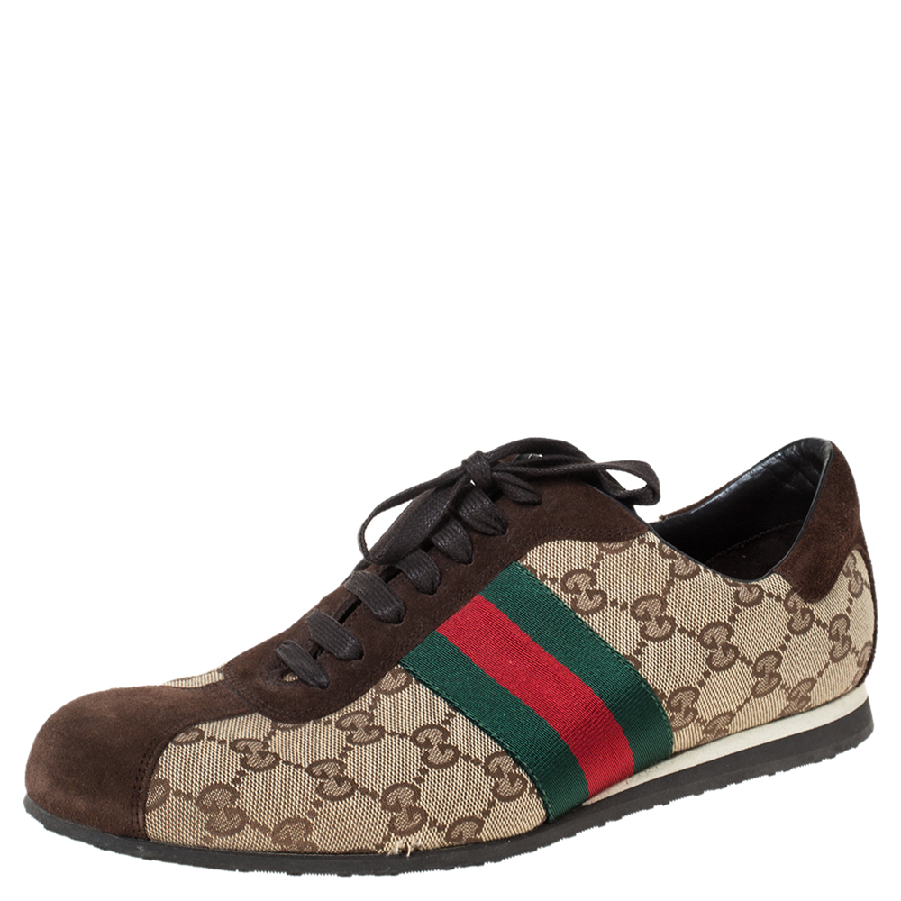 Gucci Brown/Beige GG Canvas and Suede Web Low Top Sneakers Size 41 ...