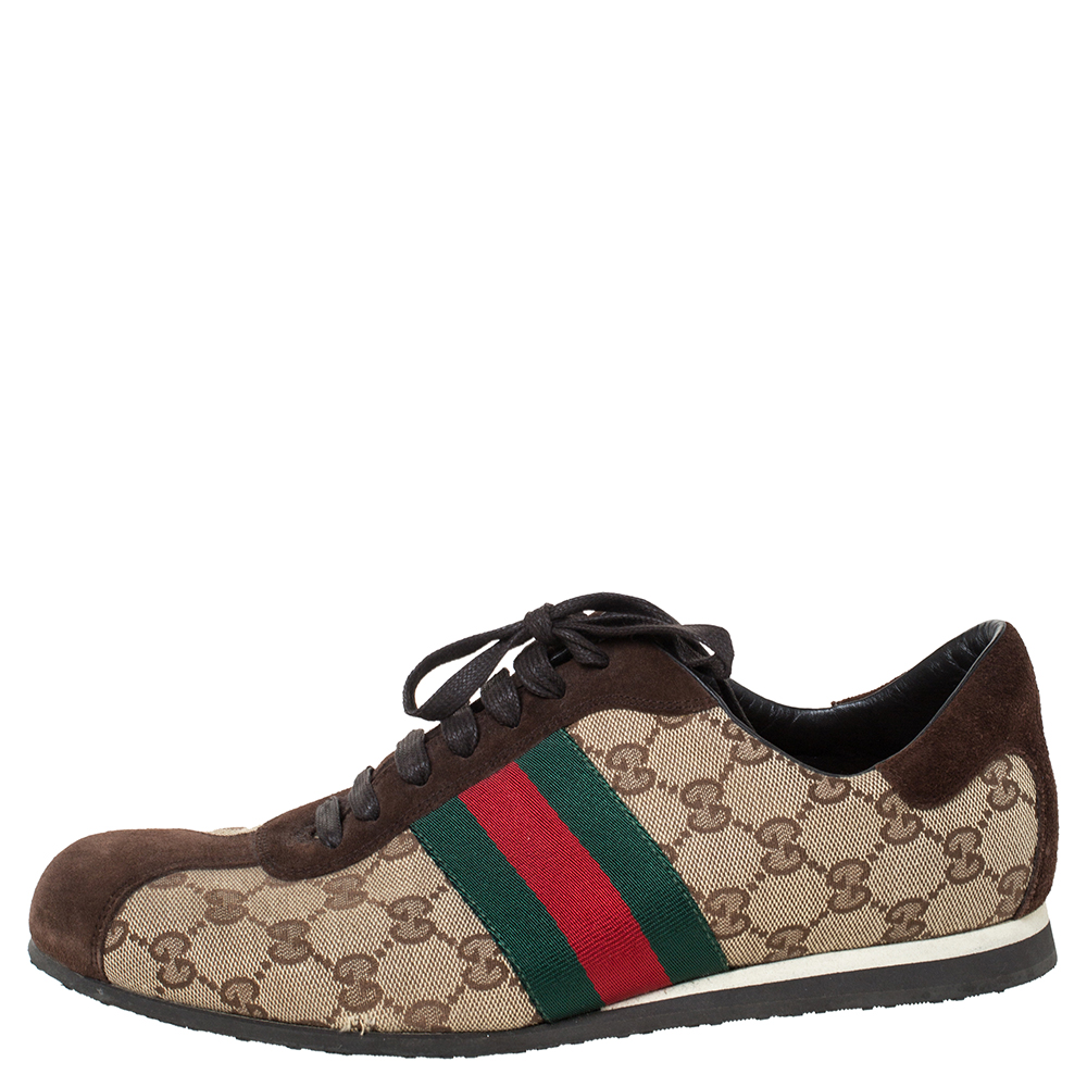 

Gucci Brown/Beige GG Canvas and Suede Web Low Top Sneakers Size
